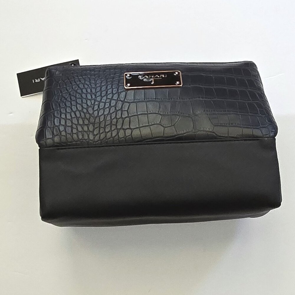 NWT TAHARI Black Mock Croc Multi Compartment Makeup Toiletry Bag